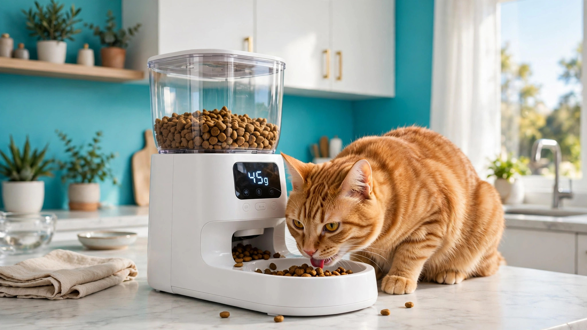 Orange tabby cat eating from an automatic pet feeder