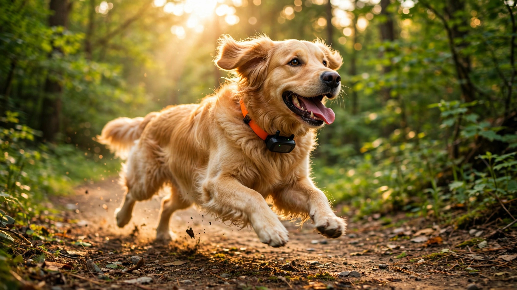 Golden retriever wearing a GPS tracker collar running on a forest trail